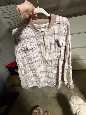 Easel Light Pink Plaid Shirt with Zip Front